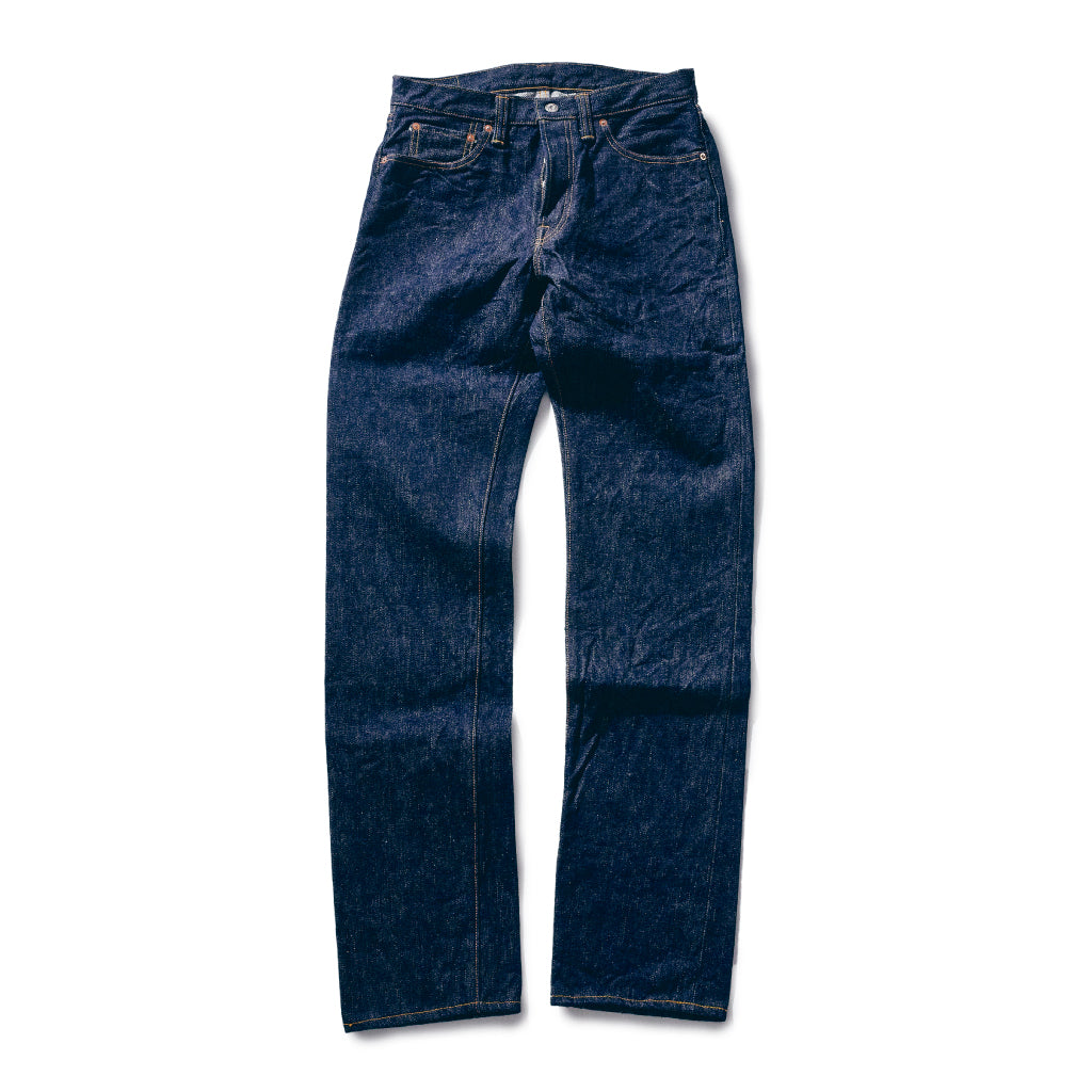 Front view of S710XX19ozⅡ slim straight men's jeans in dark blue laid flat.