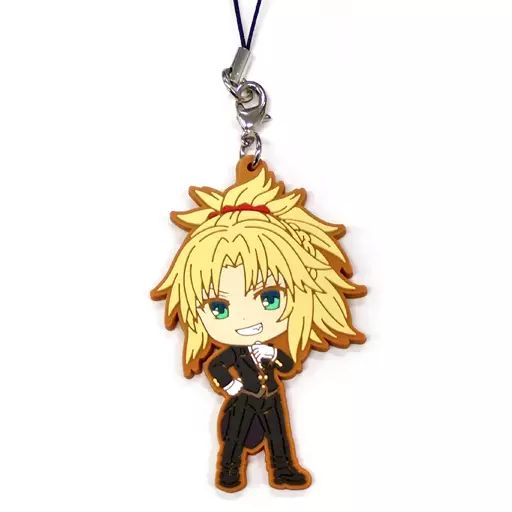 Rubber strap keychain showing a chibi Saber/Mordred character from Fate/Grand Order with a cord and metal clasp on a white background.