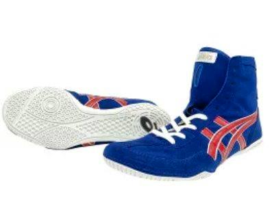 A pair of blue boots with white laces and red side stripes, one laid on its side showing the sole.