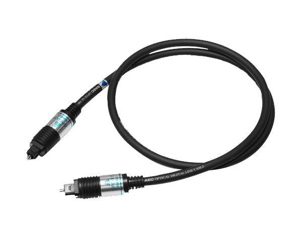 A SAEC OPC-X11 optical cable with two square optical connectors coiled on a black background.