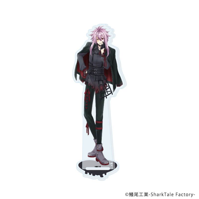 Acrylic stand showing a full-body illustration of 二城龍 (Nijō Ryū) mounted on a clear round base.