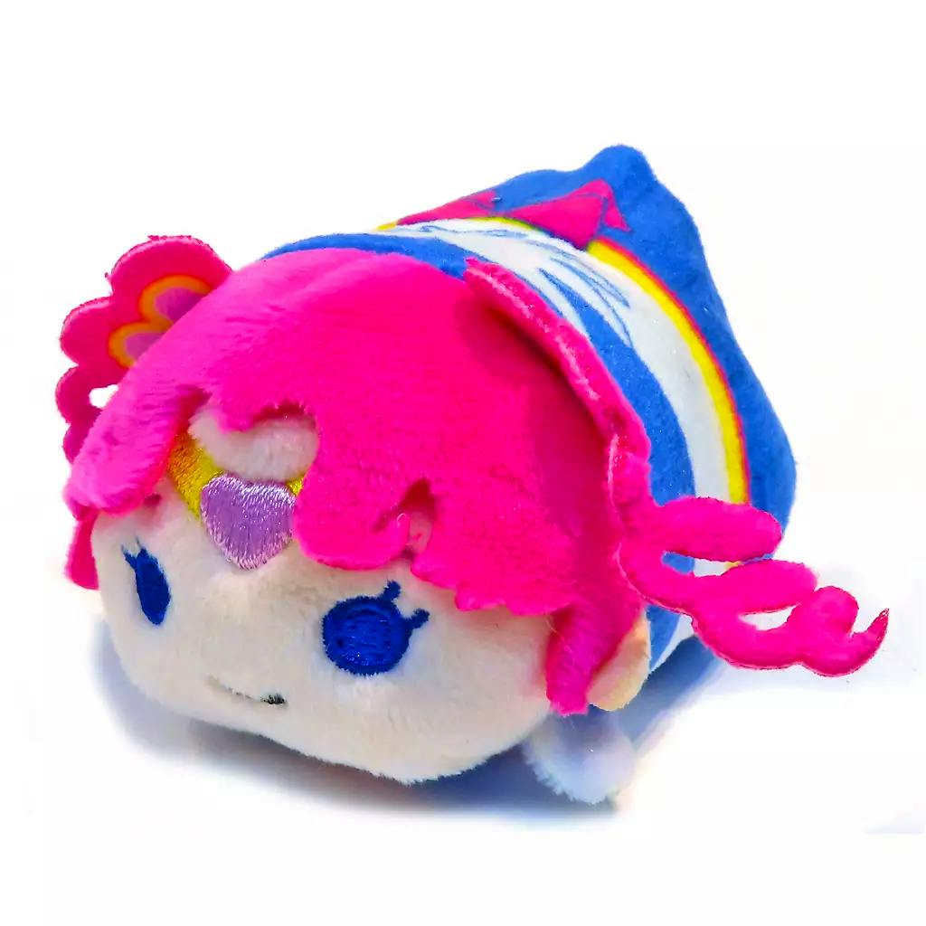 Plush mascot of Chibi Chibi Moon (Sailor Chibi Chibi Moon) with pink hair and embroidered face on a white background.
