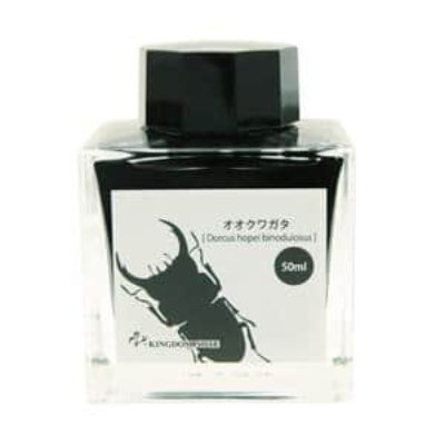Square 50ml fountain pen ink bottle with a black cap and a label showing a beetle silhouette and "50ml".