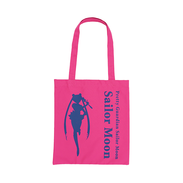 Pink reusable tote bag with a blue silhouette of Sailor Moon and vertical "Sailor Moon" text.