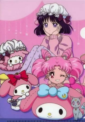 Clear file folder image showing ちびうさ and 土萠ほたる alongside My Melody and My Sweet Piano characters on a pink background.