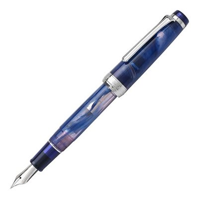 A blue patterned VEILIO SAILOR fountain pen shown uncapped with its nib visible.