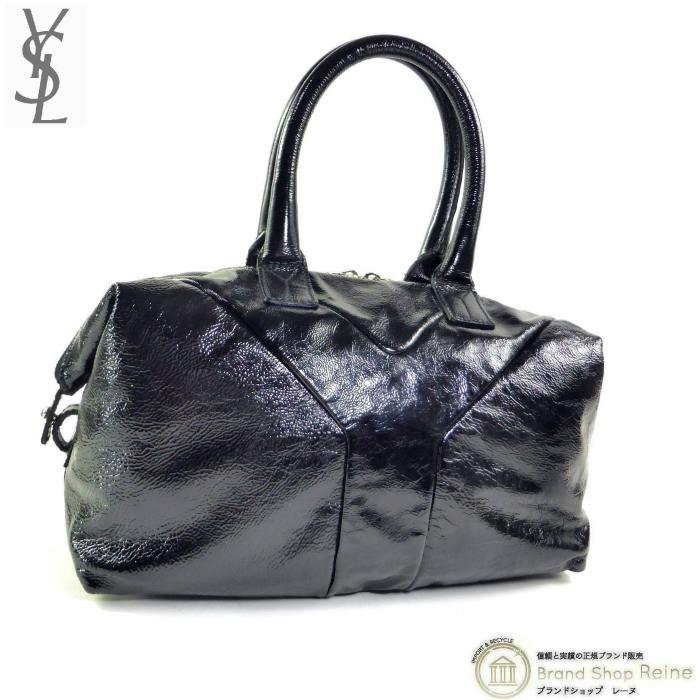 Black patent leather Yves Saint Laurent mini Boston bag with top handles shown on a white background.