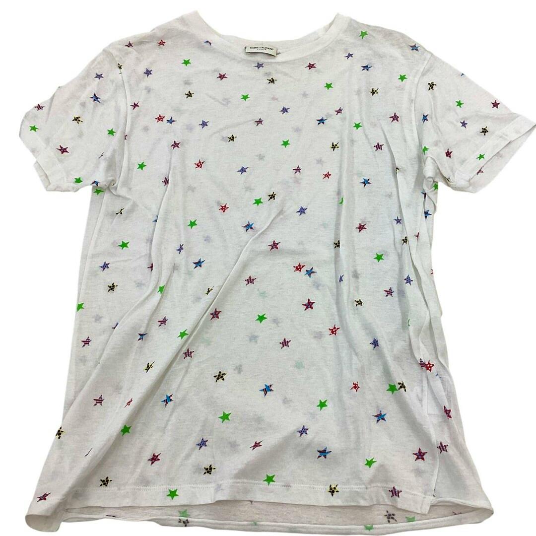 Front of a white SAINT LAURENT men's cotton T-shirt laid flat with multicolored small star prints.