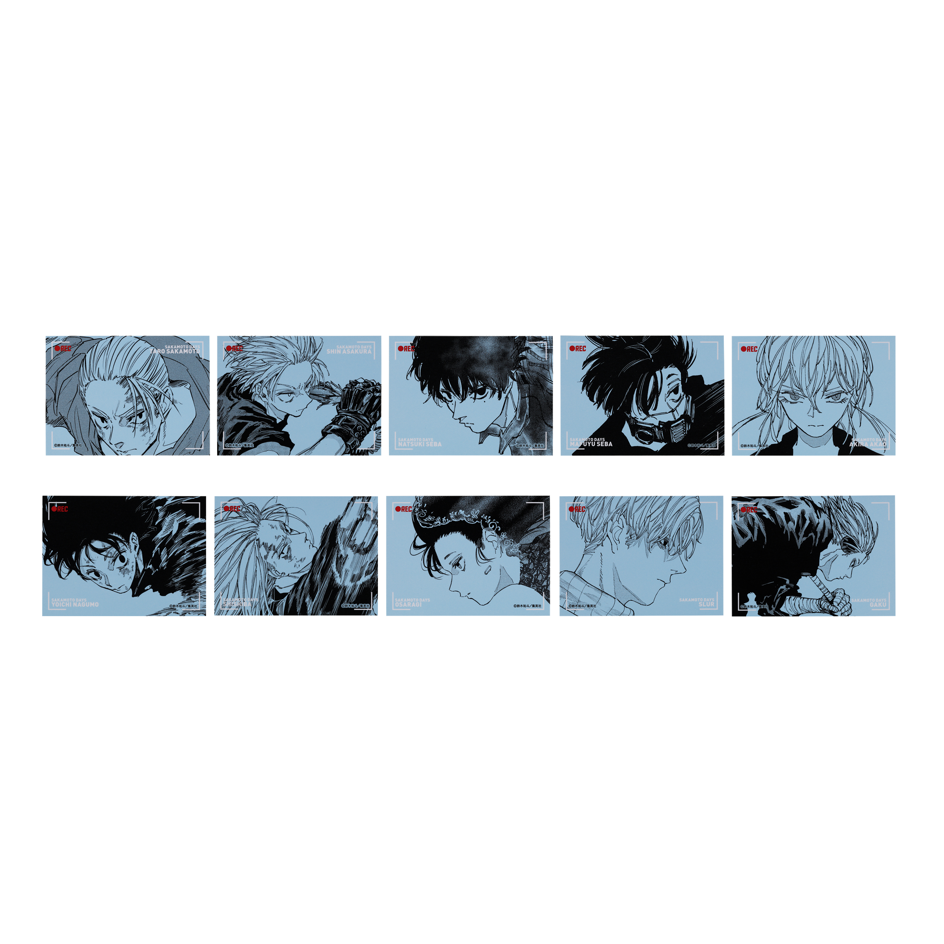 Ten rectangular SAKAMOTO DAYS sticker designs arranged in two rows on blue backgrounds.
