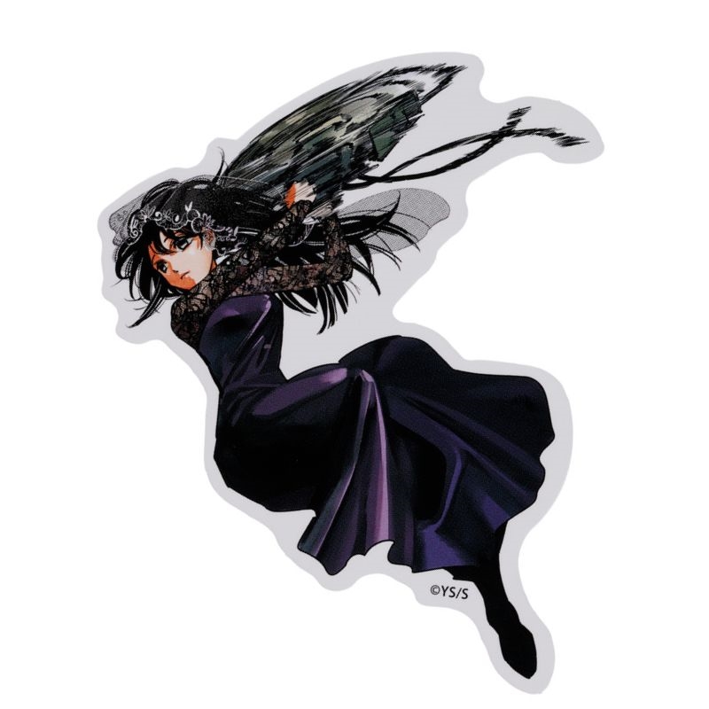 Die-cut sticker showing the character 大佛 from 'SAKAMOTO DAYS' wearing a flowing dark dress and ornate headpiece.