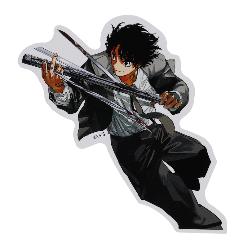 Die-cut sticker of 南雲与市 from 『SAKAMOTO DAYS』 depicting the character holding blades.