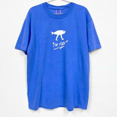 A flo blue men's cotton t-shirt hung on a hanger showing a white fish graphic with legs and front text.