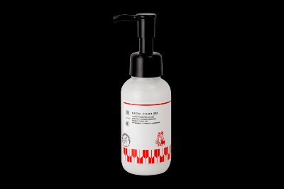 Front view of a 100 mL pump bottle of sake lees facial clear gel with a white and red label on a black background.