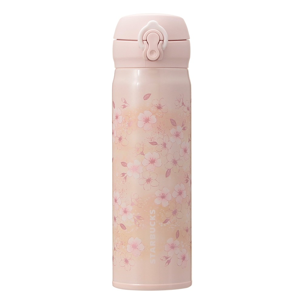 Pink-beige stainless steel 500ml tumbler with cherry blossom pattern and flip-top lid shown upright.