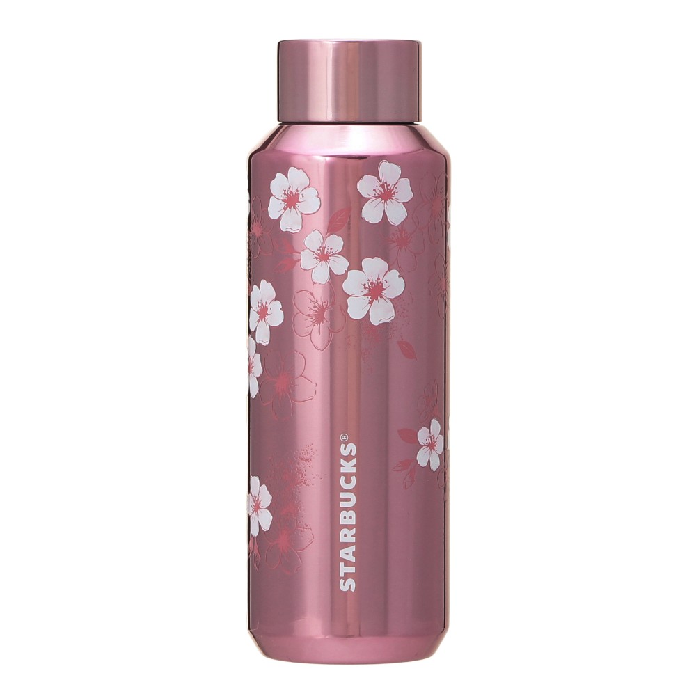 Metallic pink stainless steel tumbler with white cherry blossom print and a visible STARBUCKS logo.