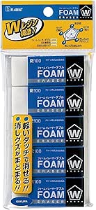 Packaged set of five Sakura Creepas Foam Erasers (RFW100-5P) in clear plastic packaging with a yellow header and blue product labels.