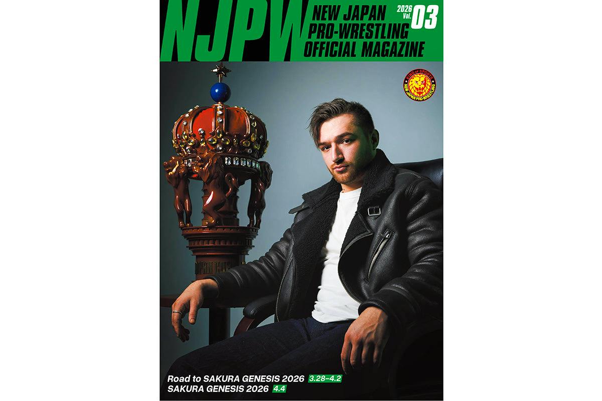 Front cover of the SAKURA GENESIS 2026 pamphlet showing a seated man in a leather jacket next to a large decorative crown and NJPW title text.