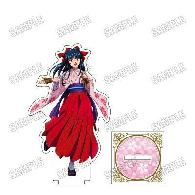 Acrylic decorative stand of Sakura Shinguji wearing a red hakama and pink kimono, with a separate round decorative base.