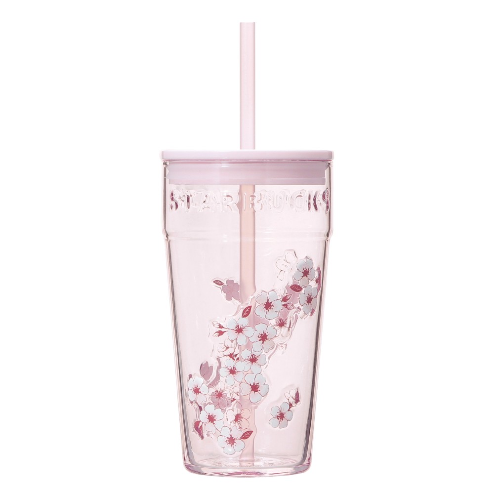 Pink glass tumbler with lid and straw, decorated with pink cherry blossom (sakura) design.