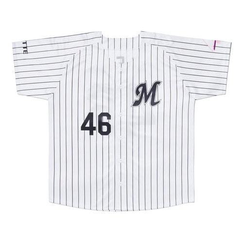 Front of a Sakurazaka46×Chiba Lotte Marines white pinstriped polyester baseball jersey with an M logo and number 46.