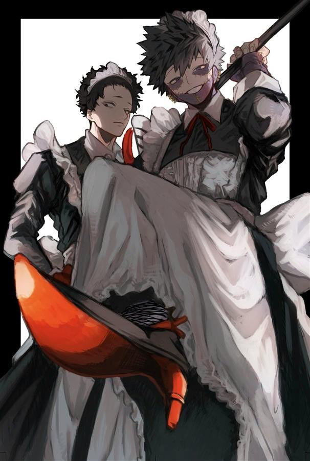 Postcard illustration showing two characters wearing maid outfits in a low-angle pose, with one character's lifted skirt and an orange shoe visible.