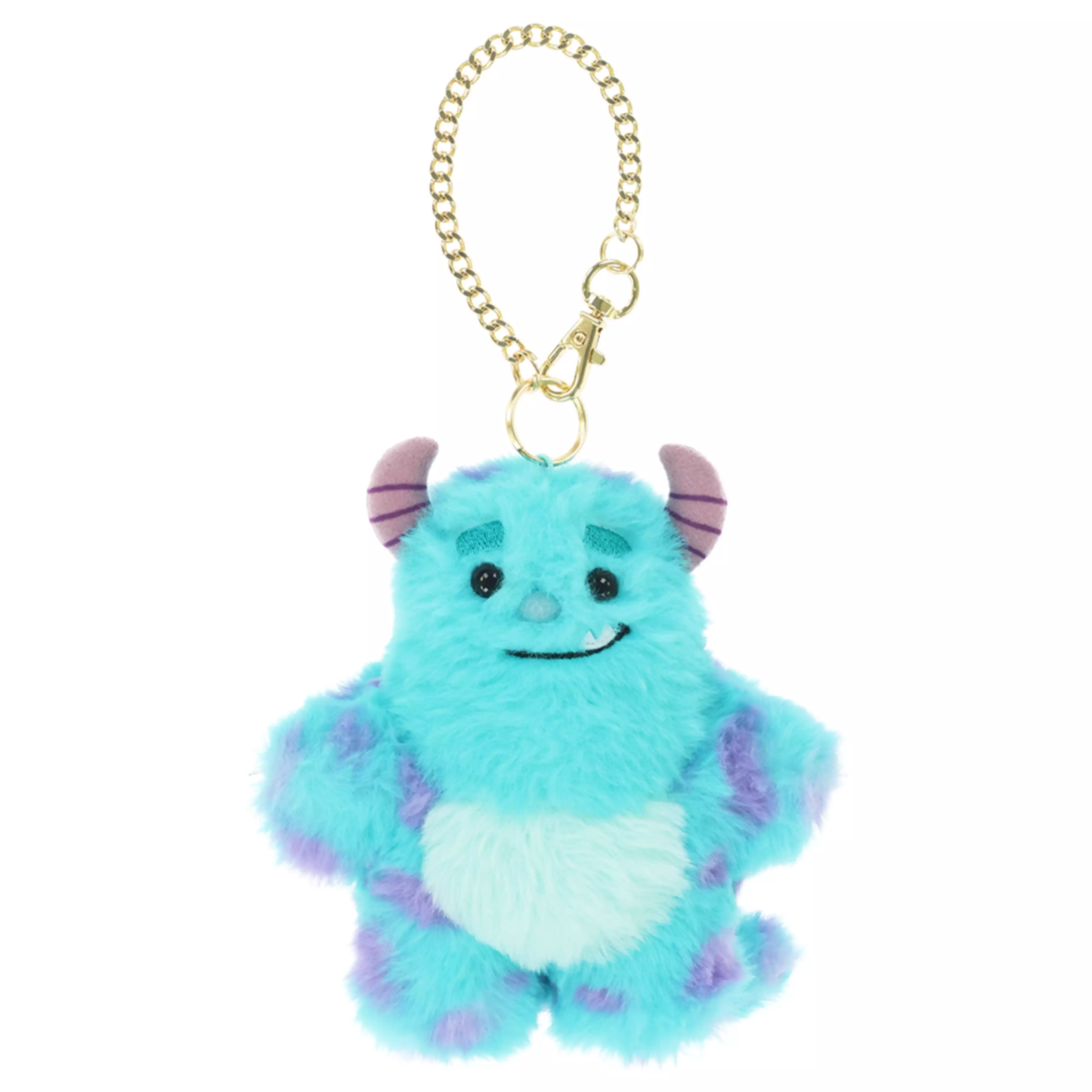 A blue and purple plush keychain charm (ぬいぐるみチャーム サリー) hanging from a gold chain.