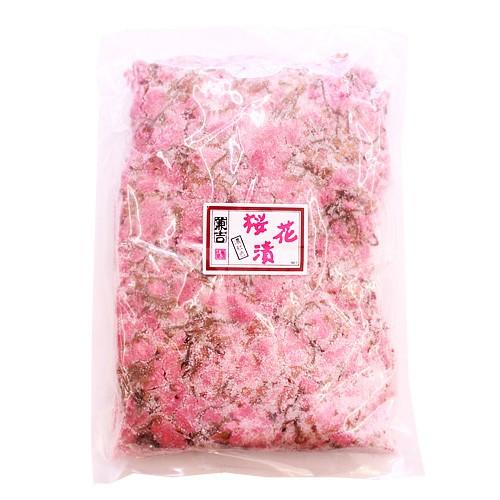 Clear sealed plastic bag of salted pickled sakura (cherry) flowers with a Japanese label.