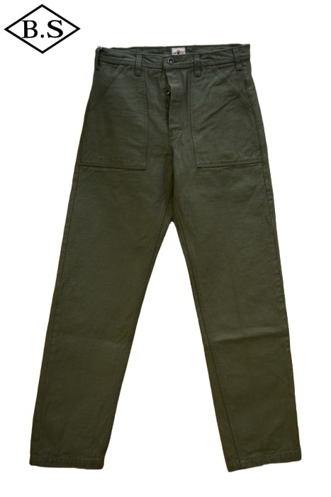 Front view of olive SamuraiJeans SJ52BP heavy back-satin baker pants laid flat, showing pockets and waistband.
