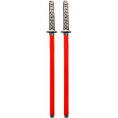 Two red plastic imitation sword ear brushes with silver decorative handles shown on a white background.