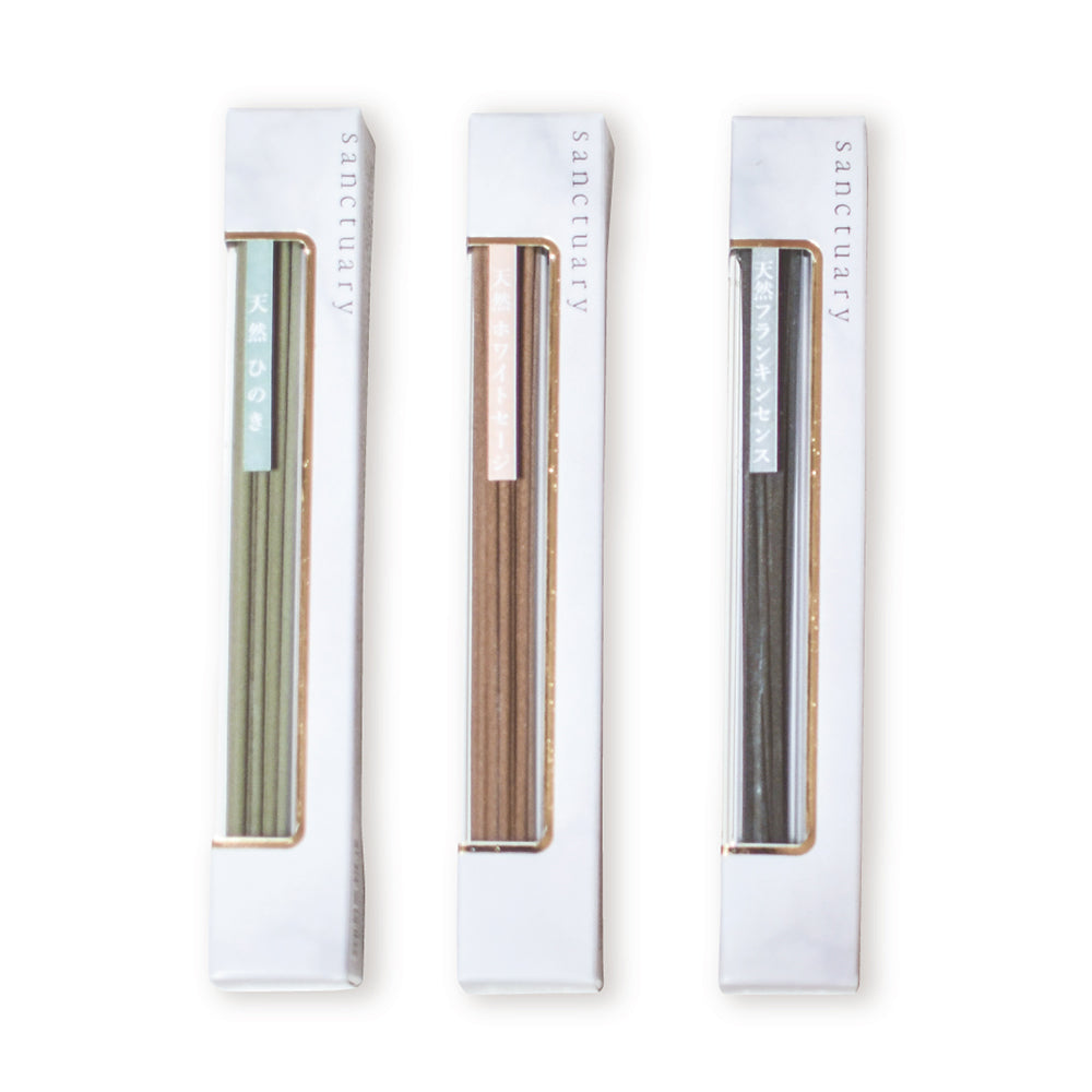 Three boxed sticks of the “Sanctuary” natural herbal incense in white windowed packaging showing green, brown, and dark gray incense sticks.