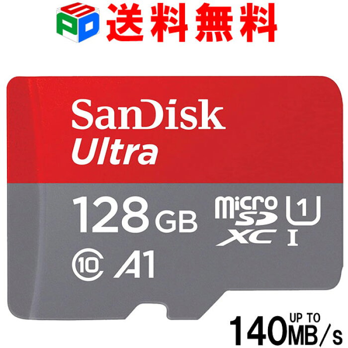 Front view of a SanDisk Ultra 128GB microSDXC card showing capacity, A1 and speed icons and "up to 140 MB/s" text.