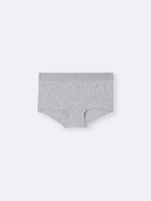 Flat-lay photo of grey boxer-style sanitary shorts centered on a light background.