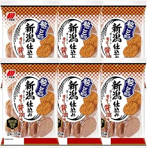 Six retail packs of Sanko Seika Niigata Brewing scented soy sauce flavored rice crackers (30 sheets × 6 bags) showing cracker images and packaging fronts.