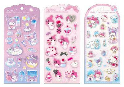 Three paper sticker sheets from the Sanrio Characters Jewel Marshmallow set displayed side-by-side.