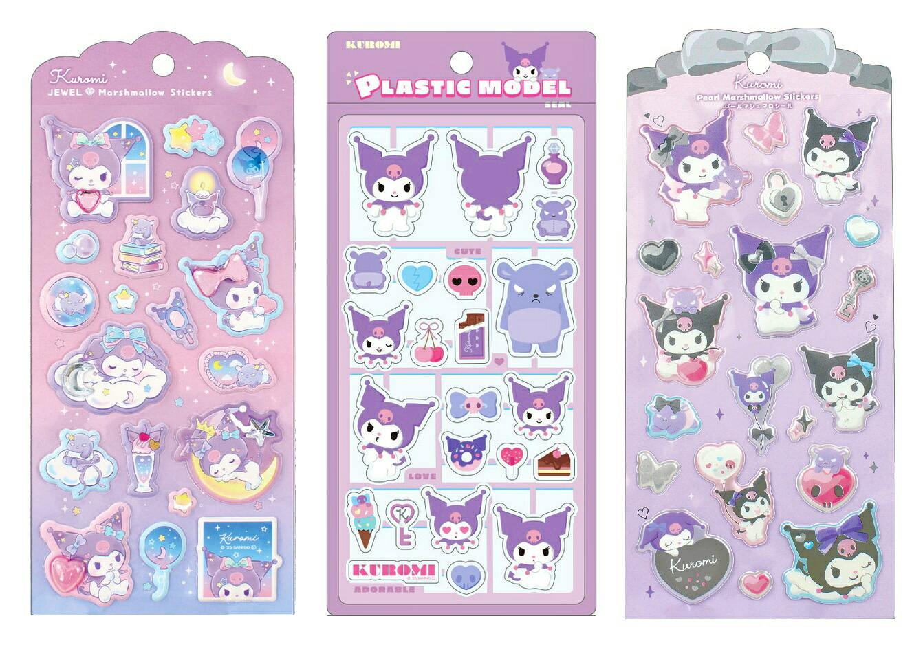 Three Kuromi-themed sticker sheets with purple and pink designs shown side by side.