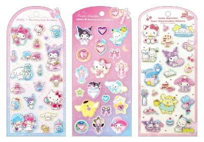 Three Sanrio sticker sheets from the set shown side-by-side with pastel backgrounds and character stickers.