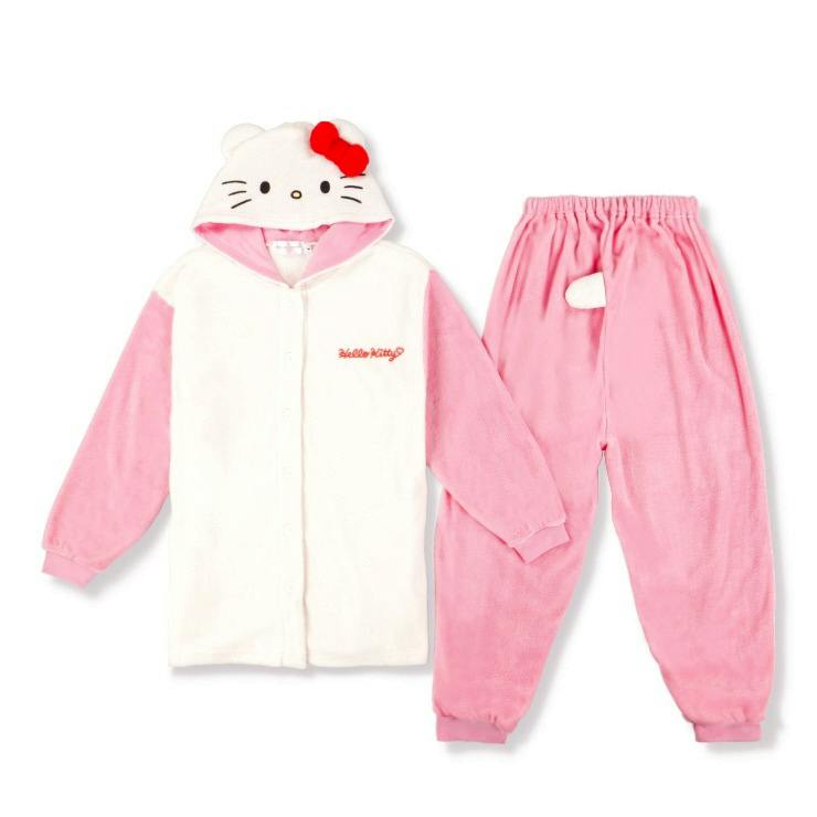Flat-lay photo of a women's Sanrio-character kigurumi pajama set in white and pink with a hooded top and matching pants.