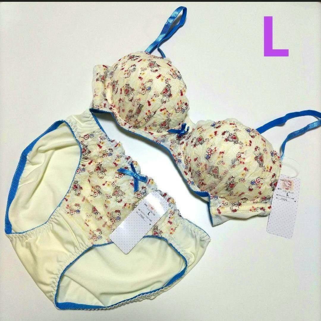 Hello Kitty patterned embroidered non-wire bra and matching panties (size L) laid flat on a white background.
