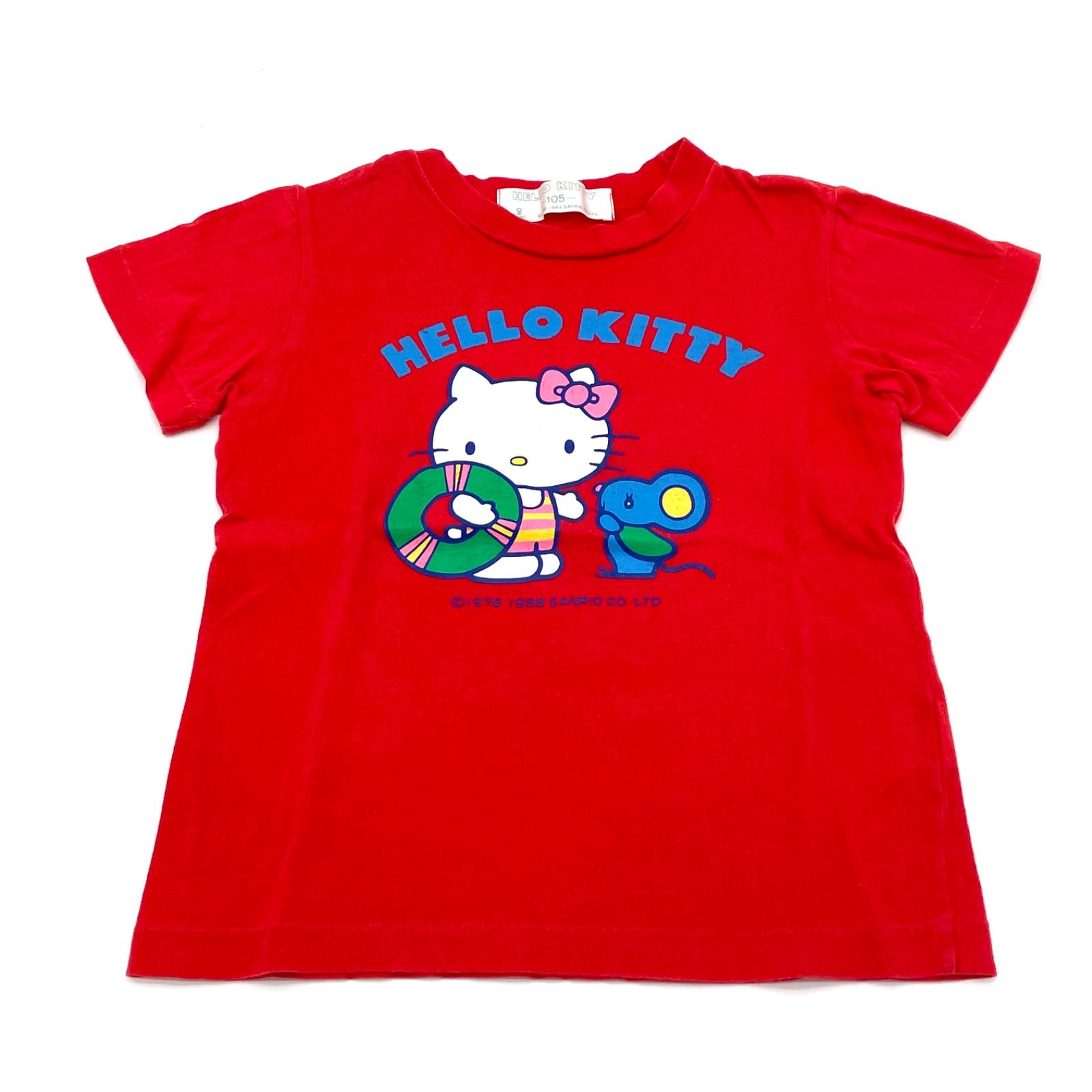 Red Hello Kitty children’s T-shirt showing a front print of Hello Kitty, a mouse, and the text "HELLO KITTY."