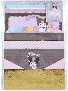 Packaged Sanrio Kuromi letter set showing patterned writing paper, envelopes, and a gold sticker sheet.