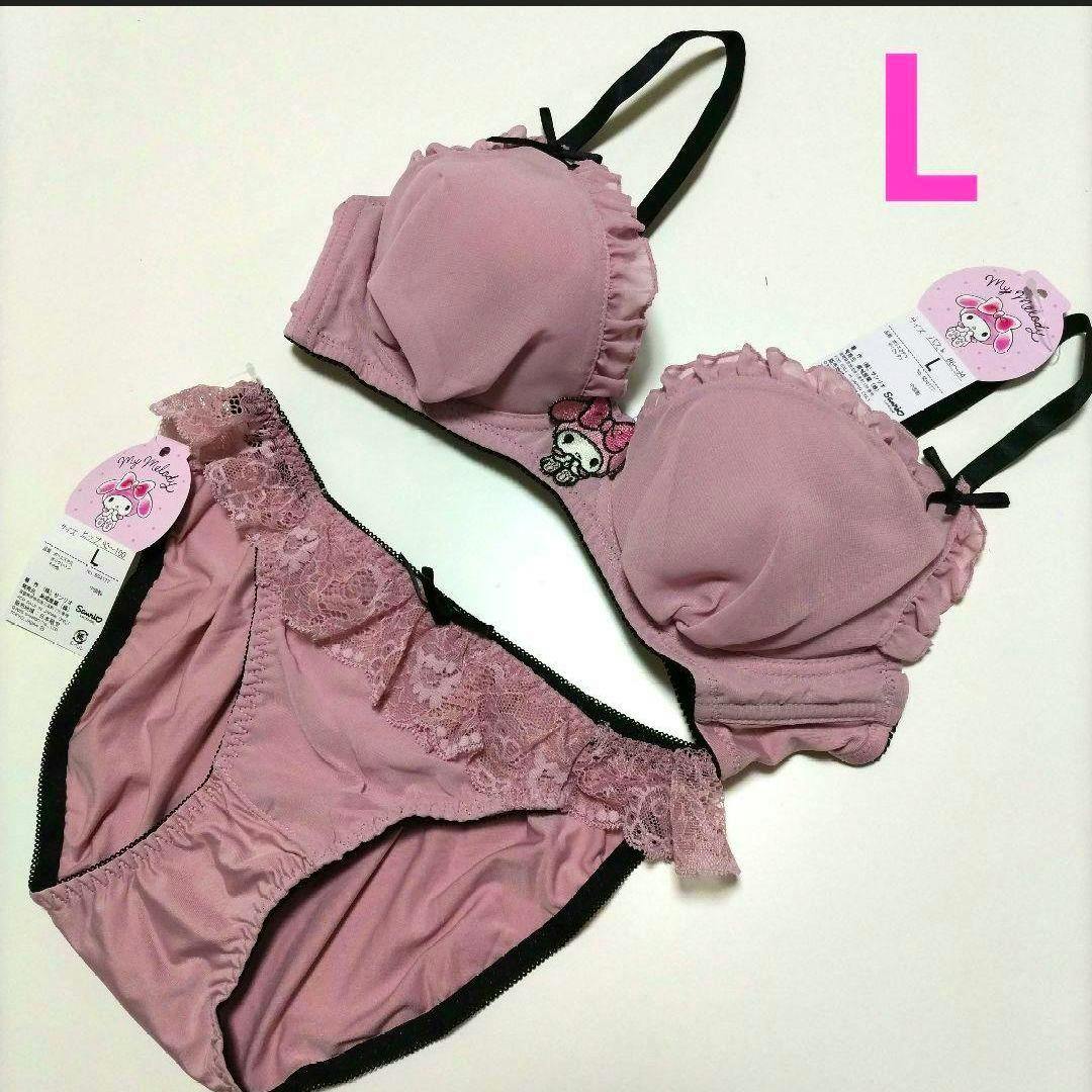 Pink My Melody non-wired bra and matching panties in size L laid flat on a white background with tags visible.