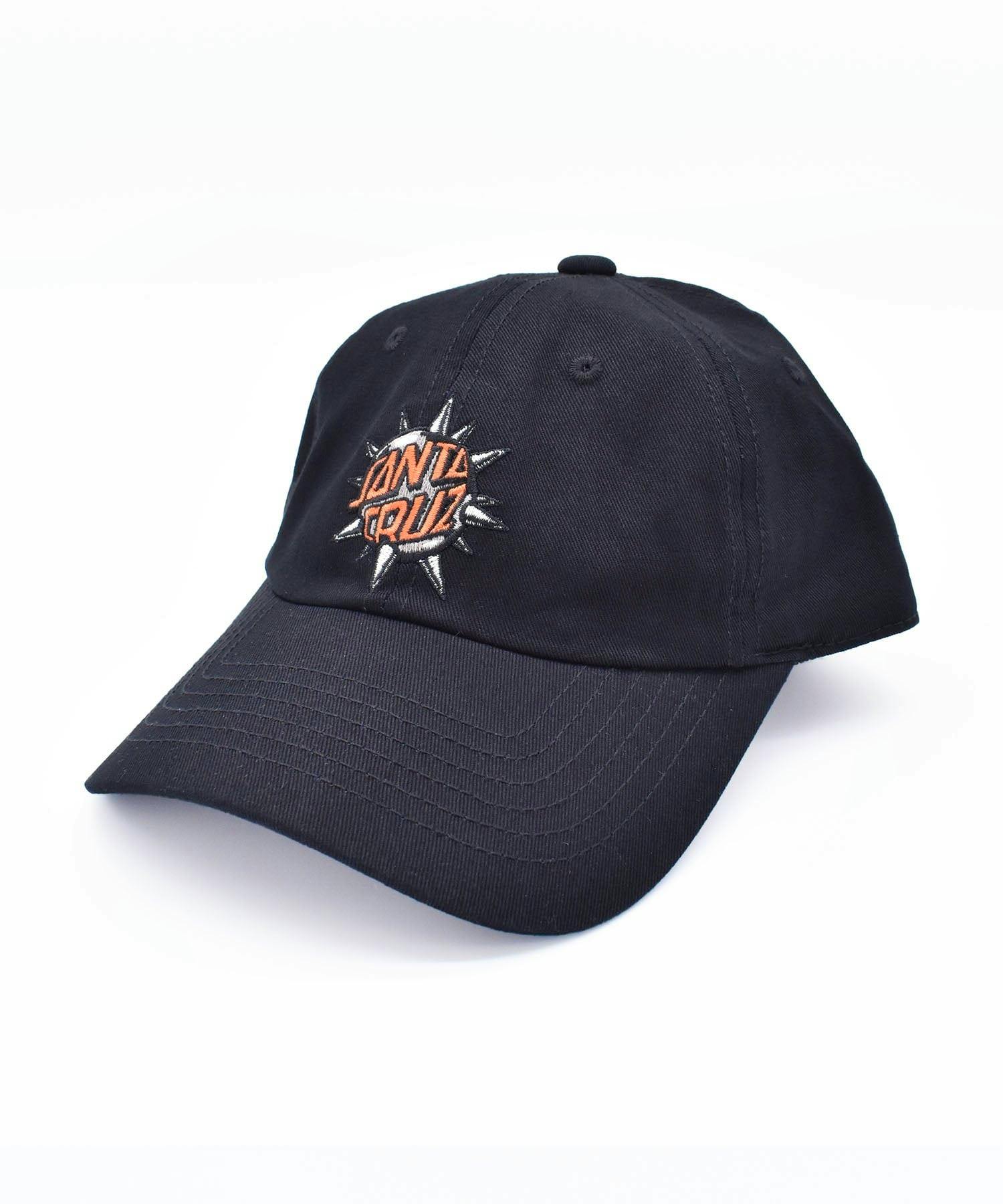 Black SANTA CRUZ 6-panel cotton baseball cap showing the embroidered Spike Dot logo on the front and a curved brim.