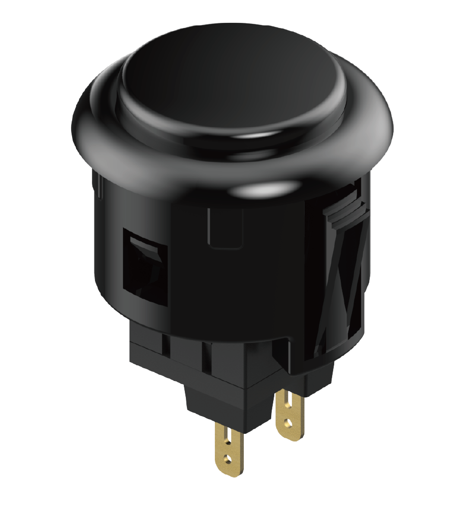 Angled close-up of a black OneFrame 24mm arcade button showing the rounded cap and two gold electrical terminals.