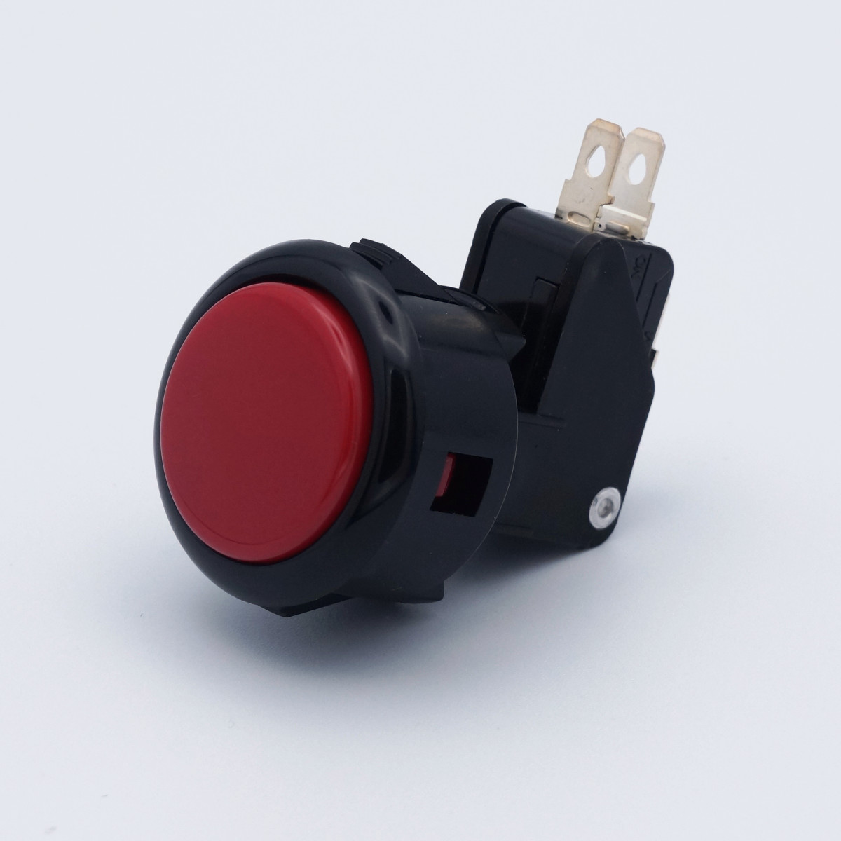 Red 30Φ arcade push button with a black insertion-type body and attached micro switch shown on a white background.