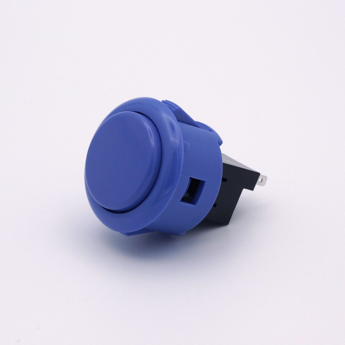 Blue 30Φ Sanwa arcade push button (reed-switch built-in) photographed at an angle showing the plunger and housing.