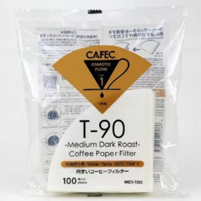 Clear plastic package containing white T-90 cone coffee paper filters with CAFEC logo and label.