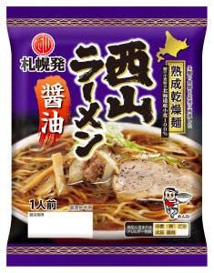 Package of 1-serving Nishiyama soy sauce instant ramen showing a bowl of prepared ramen on the front.
