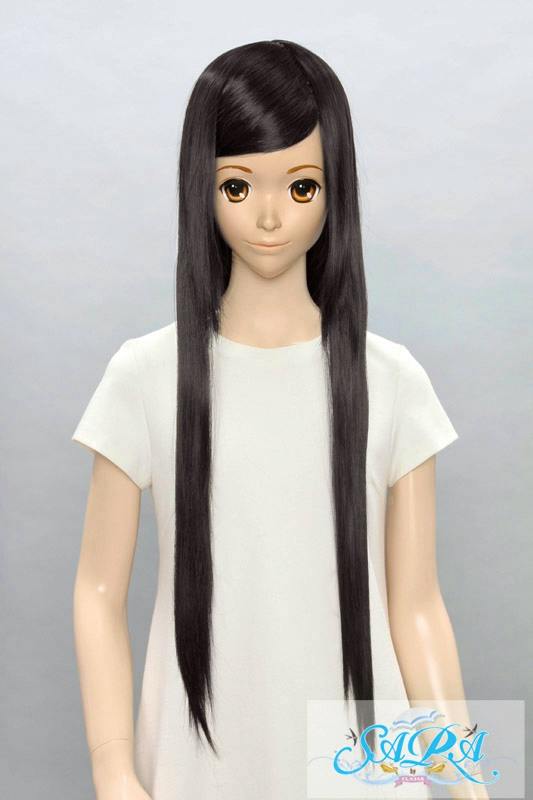 Front view of the SARA straight 80cm synthetic black wig (Sブラック03) displayed on a mannequin wearing a white top.