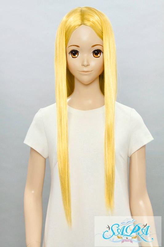 Front view of a mannequin wearing a long straight gold synthetic wig.