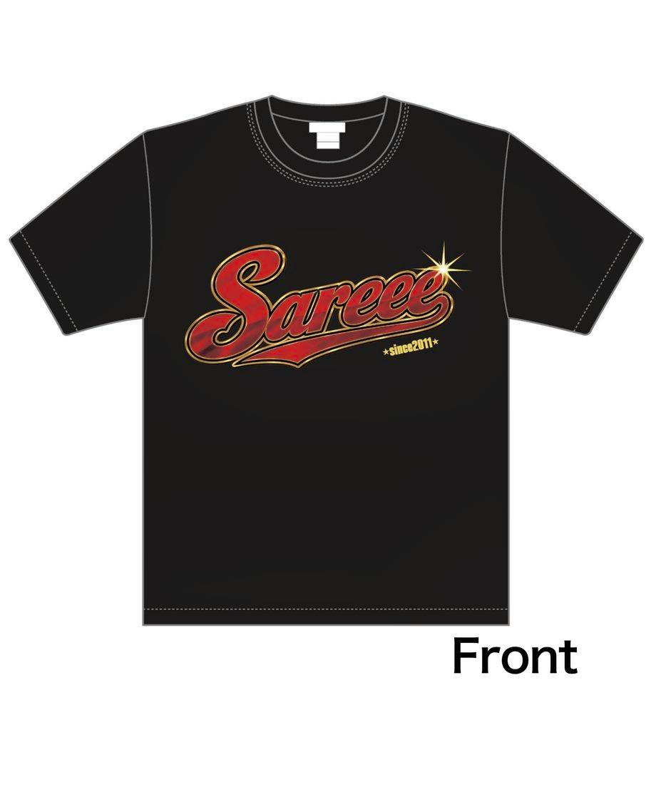Front view of a black men's T-shirt with a red and gold "Sareee" logo printed across the chest.